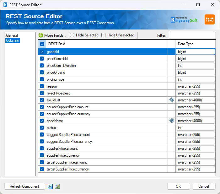 SSIS Temu REST Source - Columns SSIS Temu REST Source - Columns